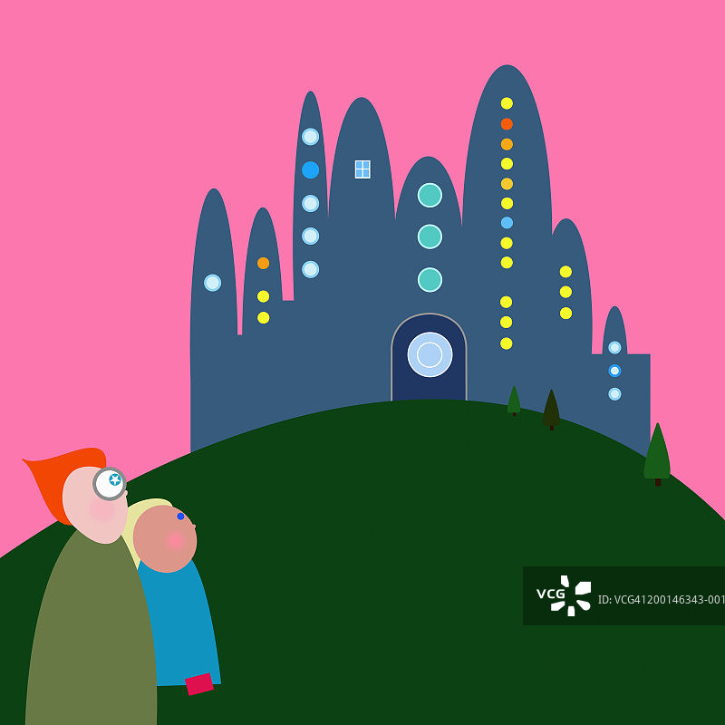 两个身影望着山上的建筑图片素材