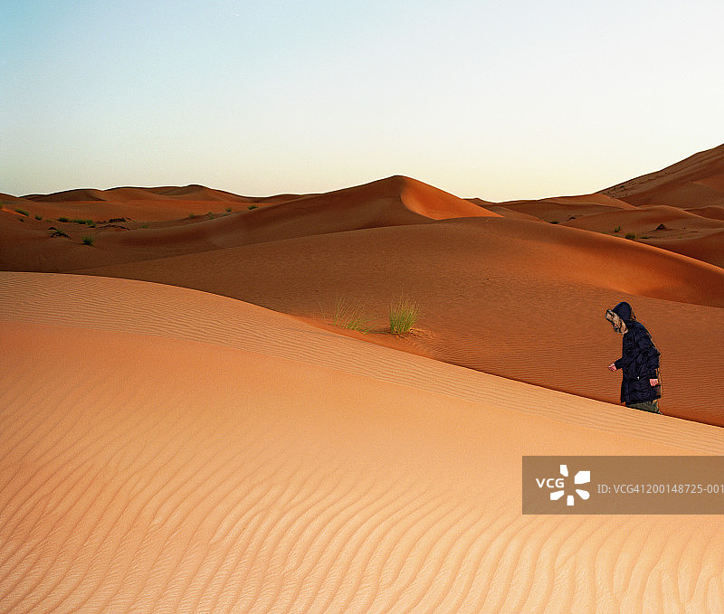 穿着冬装，在沙漠中的男人（侧面）图片素材