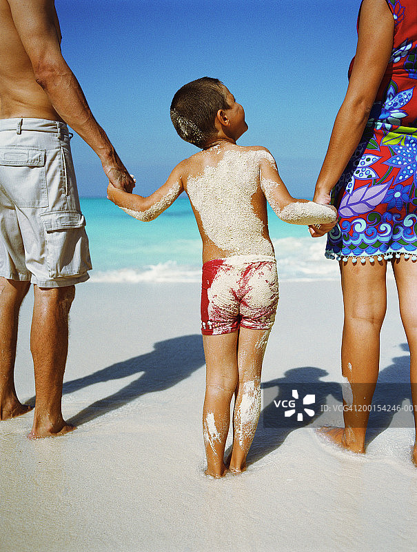 一家人在海滩上手牵着手，后视图图片素材