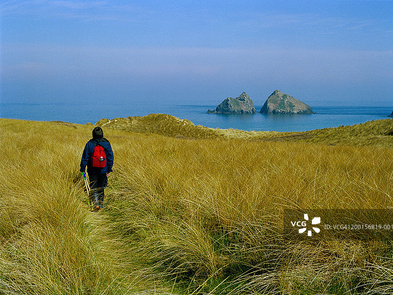 徒步走向大海的女子背影图片素材