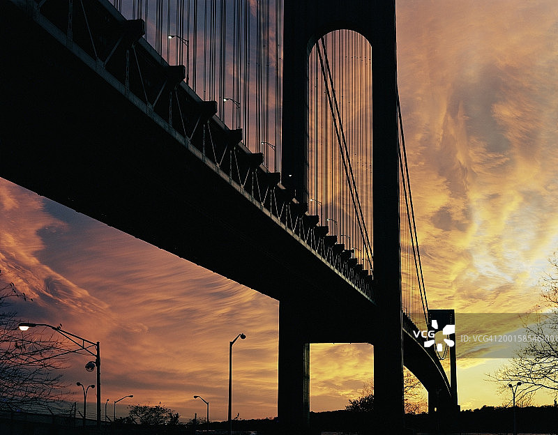 美国纽约韦拉扎诺桥日落，低角度景观图片素材