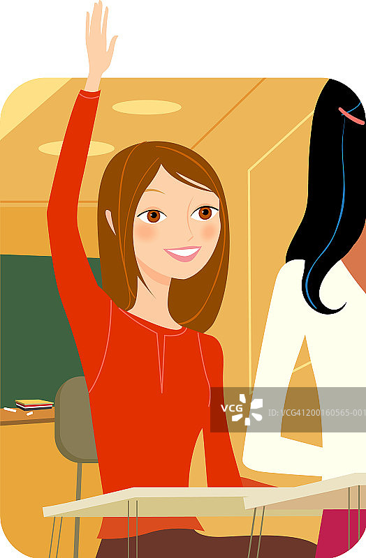 在教室里举手的女学生图片素材