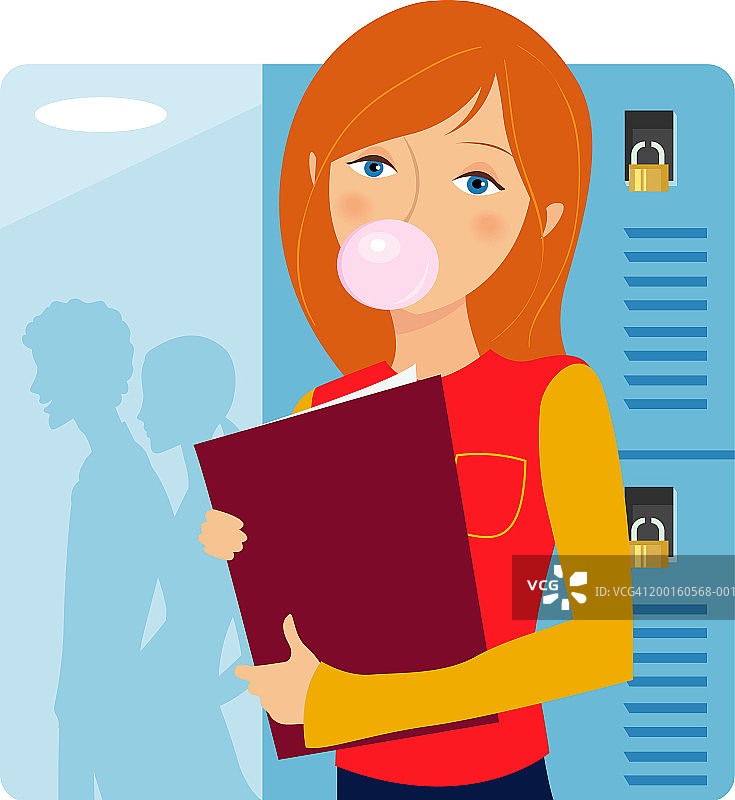 少女站在储物柜旁，吹着泡泡糖图片素材