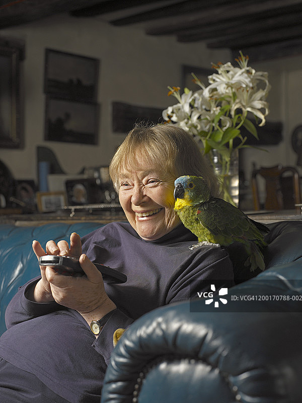 使用遥控器的年长女性，鹦鹉停在肩上图片素材