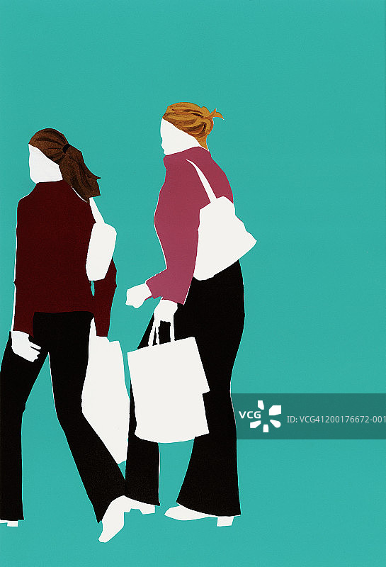 携带购物袋的两位女人，后视图图片素材