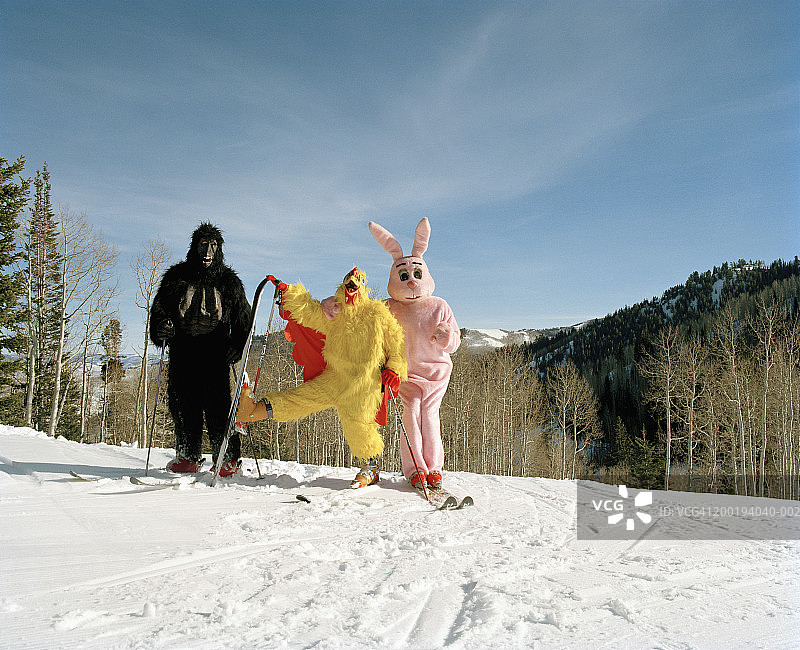 人们在滑雪坡上穿着动物服装图片素材