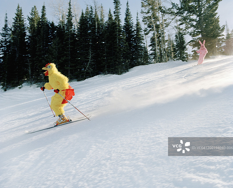 人们穿着动物服装滑雪图片素材
