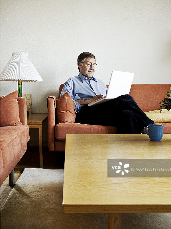 年长的男人在沙发上使用笔记本电脑图片素材