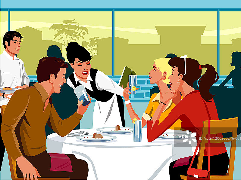 餐厅里，女服务员与三位顾客交谈图片素材