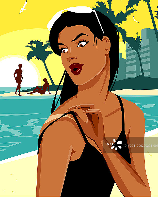 在海滩上看着晒伤肩膀的女人图片素材