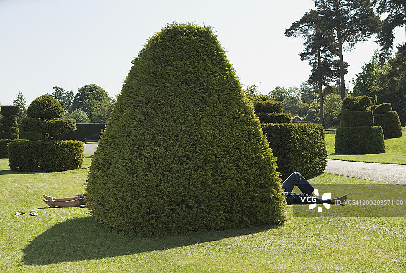 年轻男人和女人在灌木丛后的公园里放松，低角度图片素材
