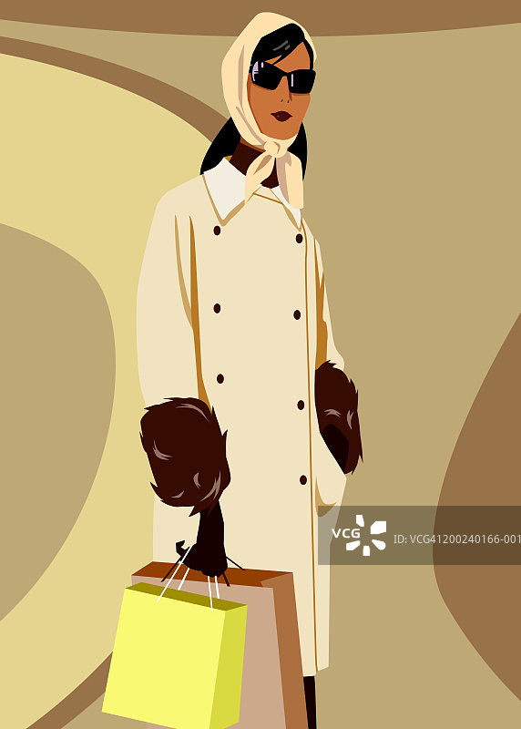 拿着购物袋，戴着外套和太阳镜的女人肖像图片素材