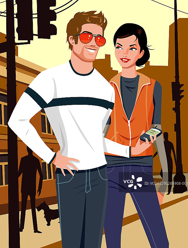 城市人行道上的男人和女人，男人拿着掌上电脑图片素材