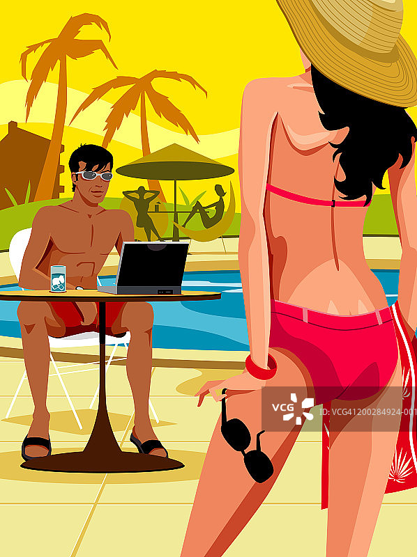 女人在游泳池边看男人用笔记本电脑图片素材