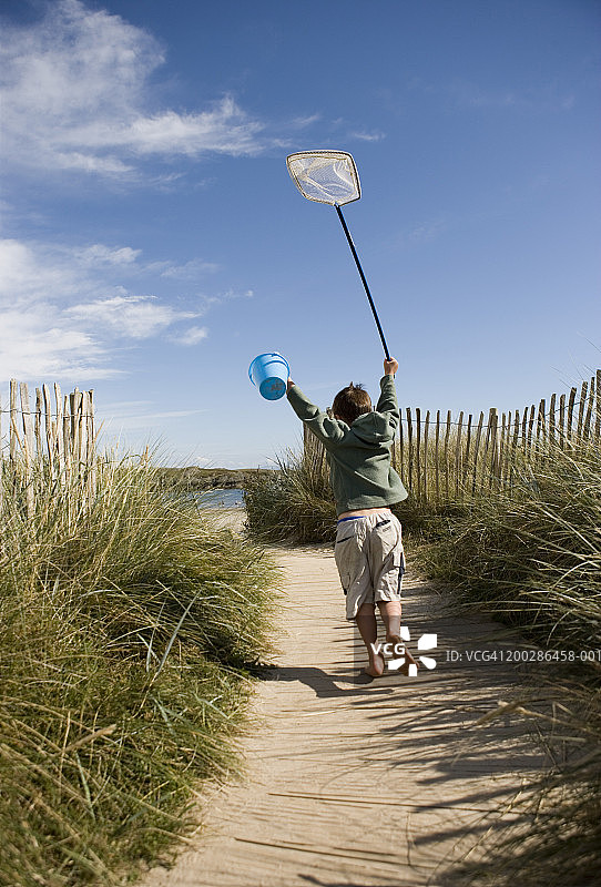 海滩边举着铲子和渔网的4-6岁男孩背影图片素材