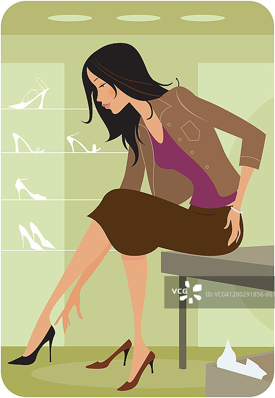 女人在零售店试鞋，侧面视角图片素材