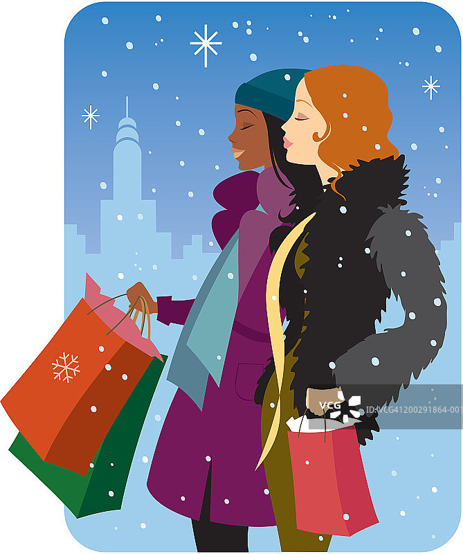 在雪地里携带购物袋的两位女人，侧视图图片素材