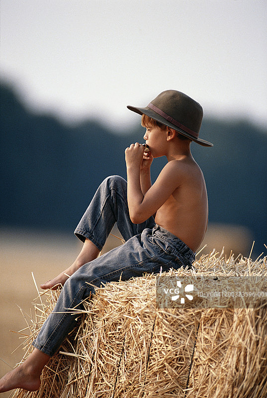 坐在户外干草堆上的男孩（6-9岁），侧视图图片素材