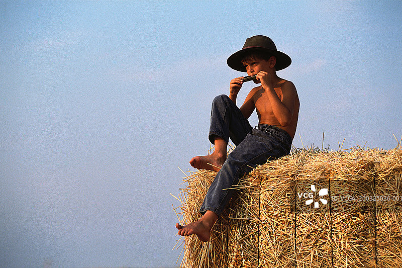 坐在干草堆上吹口琴的小男孩（8-9岁）图片素材