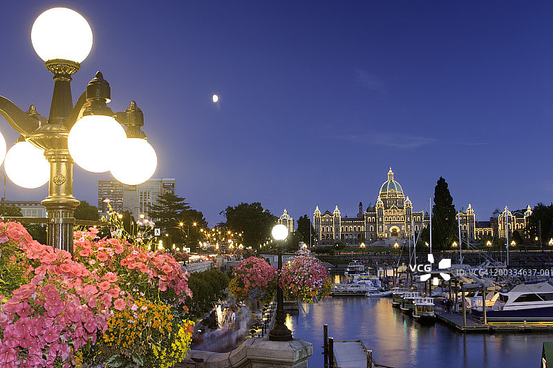 加拿大维多利亚港和国会大厦夜景图片素材