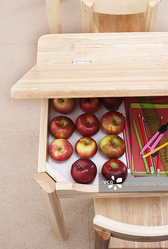 书桌，盖子打开，里面有苹果和文具图片素材