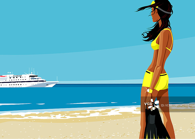 妇女在海滩上携带脚蹼，背景是游轮，侧面视角图片素材