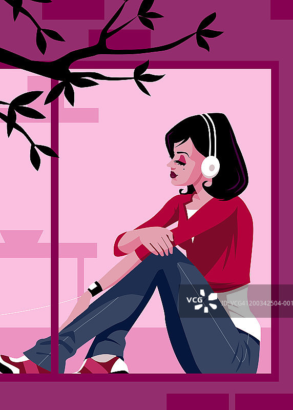 女子坐在窗台上戴着耳机，侧视图图片素材