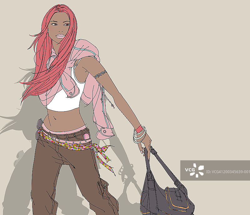 手提包的粉色长发年轻女子图片素材