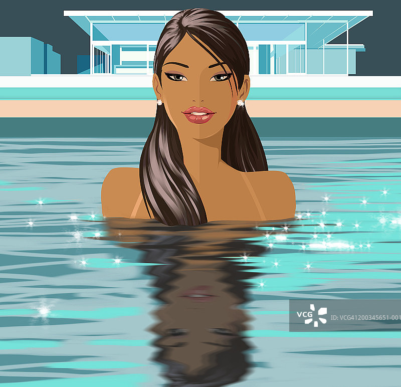 泳池里的年轻女子特写肖像图片素材
