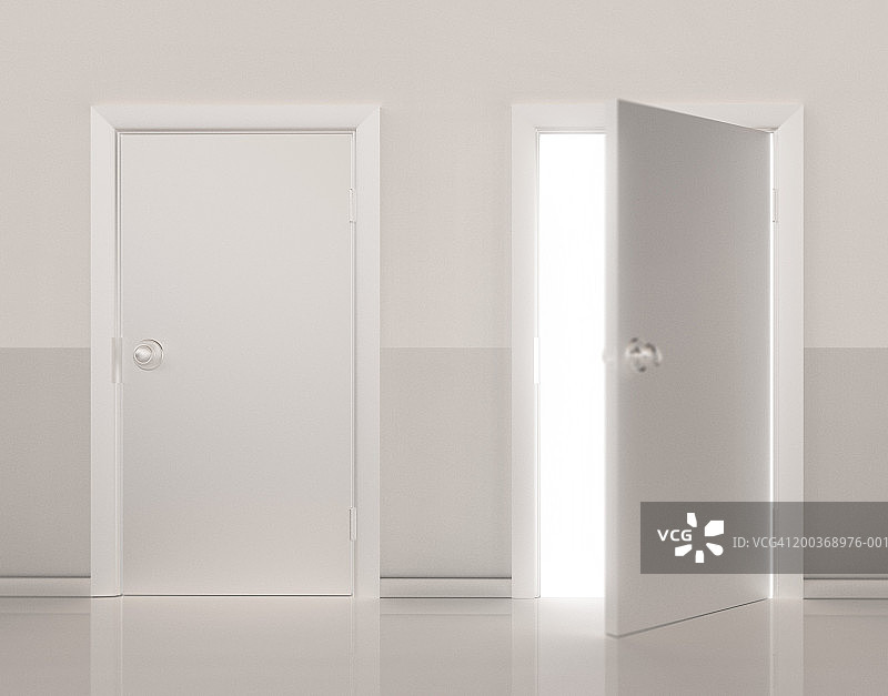 两扇并排的门，一扇打开（数码效果）图片素材