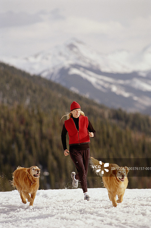 在雪地里和金毛寻回犬一起慢跑的女人图片素材