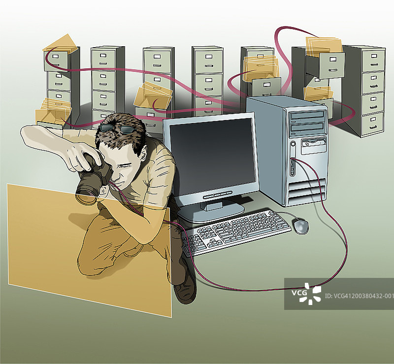 男人在电脑和文件柜旁拍照图片素材