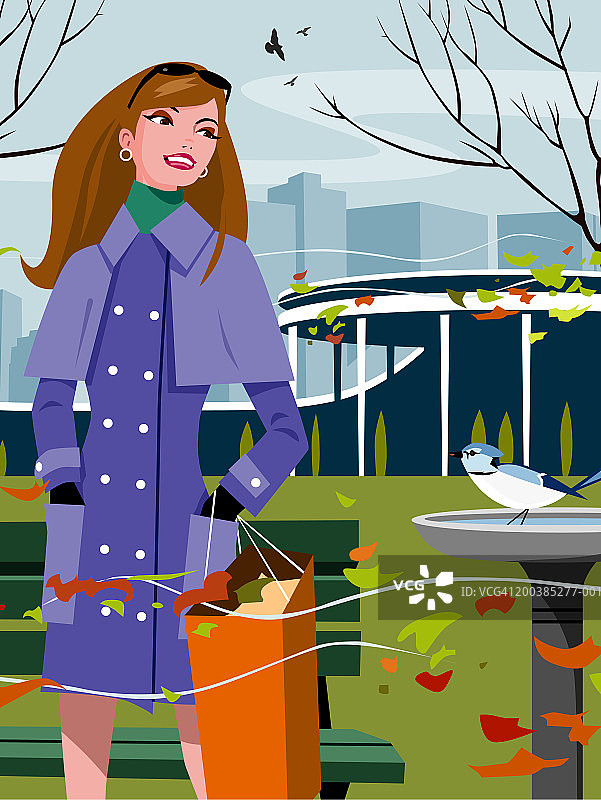 秋日，女人在公园观赏鸟在鸟浴盆中嬉戏图片素材