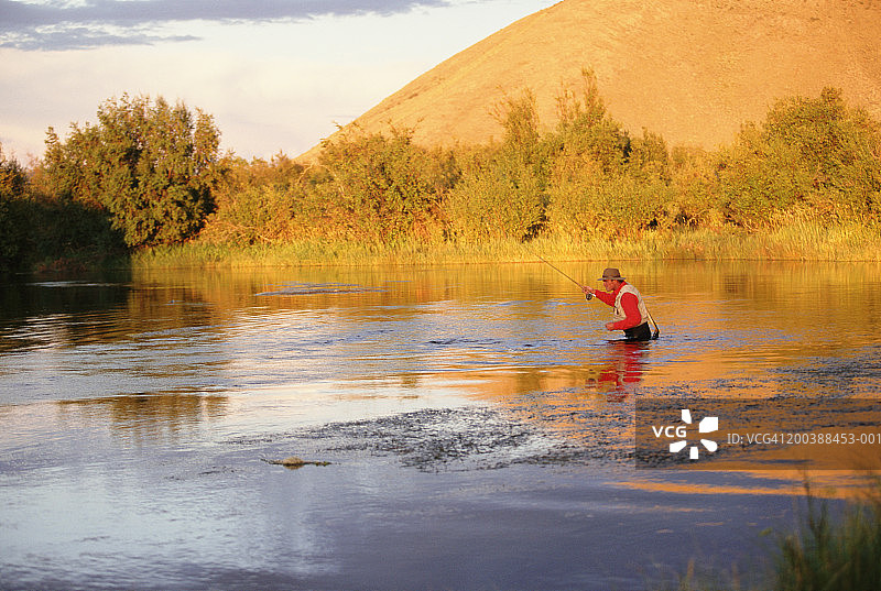 美国爱达荷州太阳谷银溪，男子在黄昏时飞蝇钓鱼图片素材