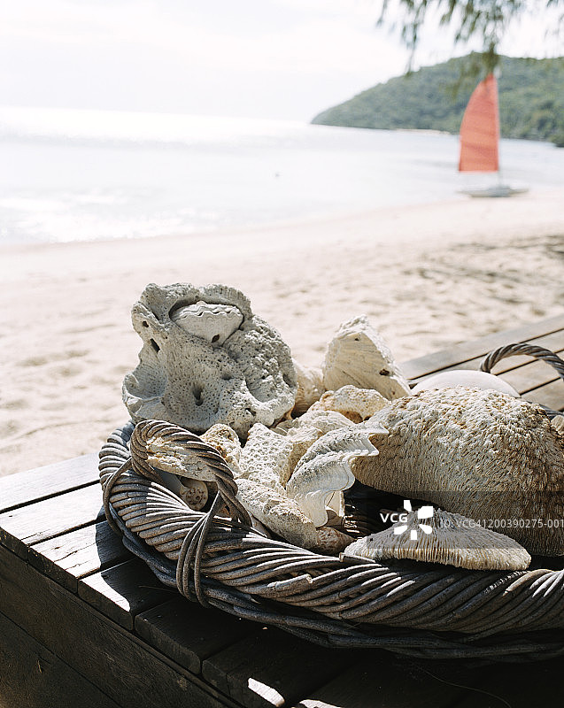 海滩附近的篮子里的珊瑚图片素材