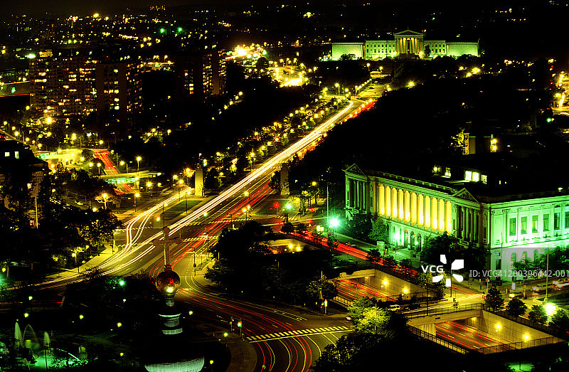 美国费城，城市景观，夜景，航拍图片素材