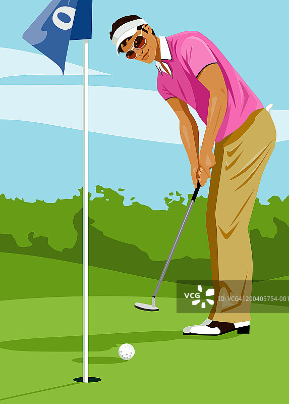 男人在果岭上放置高尔夫球侧视图图片素材