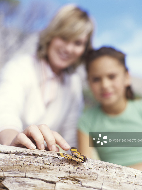 中年妇女与女孩(8-10岁)和原木上的蝴蝶图片素材