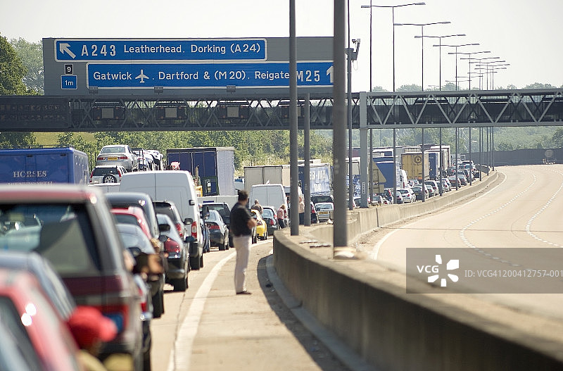 英国M25高速公路交通堵塞，男子在车外等待图片素材