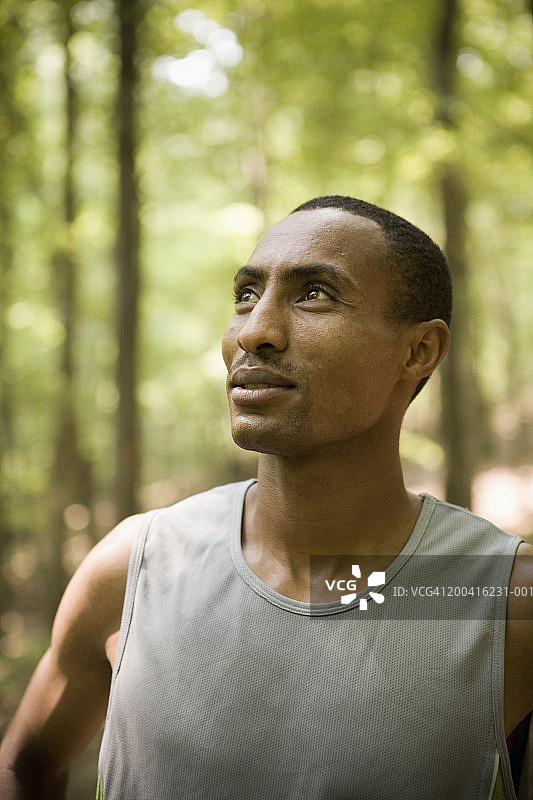 在树林里抬头看的男人图片素材