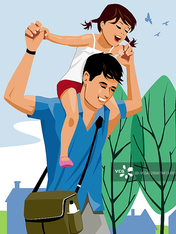 父亲肩上扛着女儿（3-5岁），面带微笑图片素材