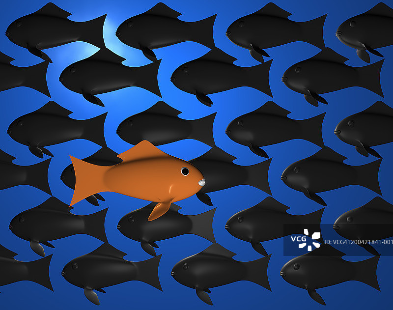 鱼群背景下的一条金鱼（数字生成）图片素材