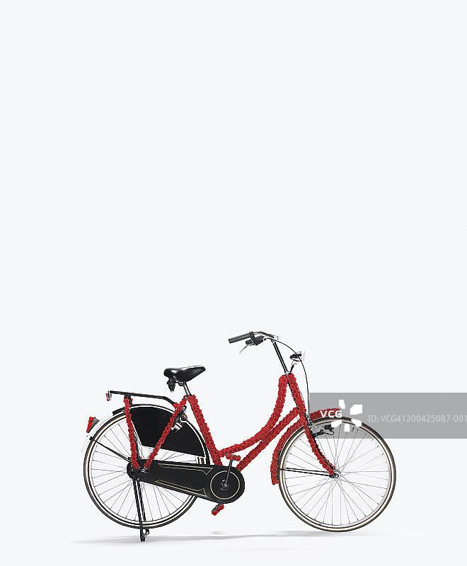 覆盖着红色花朵的老式自行车，侧视图图片素材