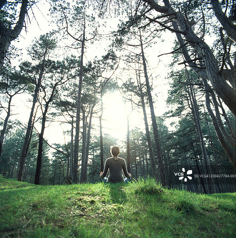 在草地上冥想的年轻女人（背影）图片素材