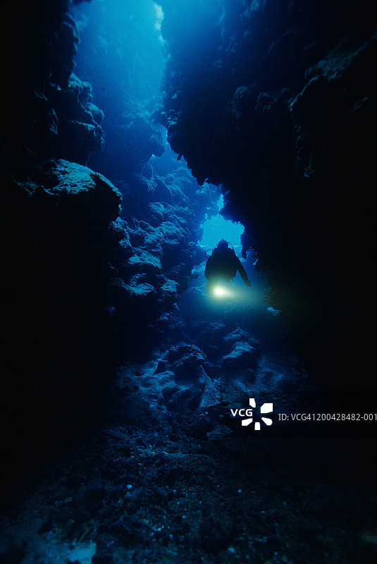 斐济卡达武岛，水下洞穴中的男性水肺潜水员图片素材