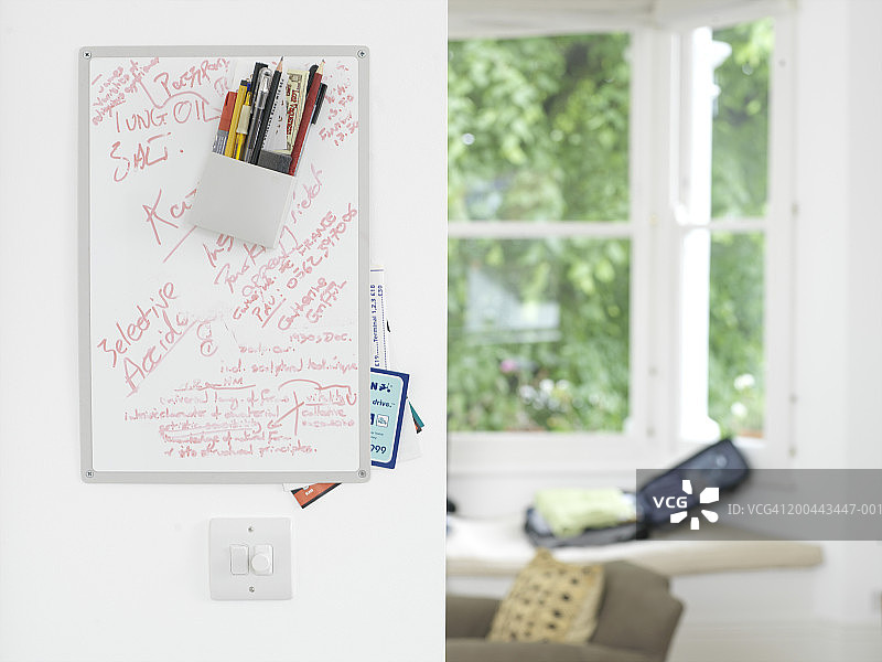 写满笔记的白板，窗台壁龛里的手提箱图片素材