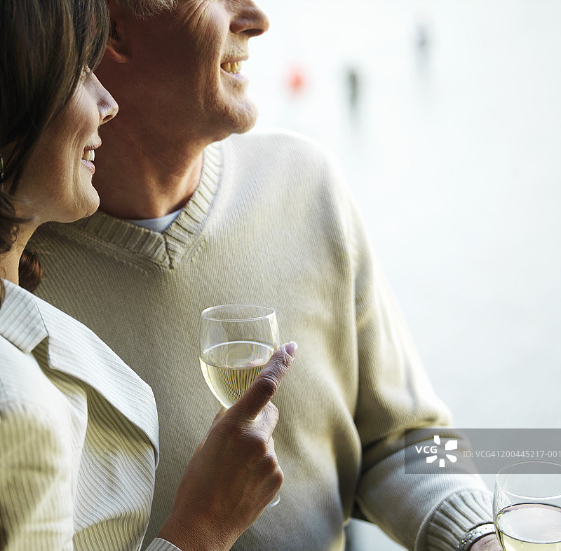 中年夫妇举着红酒杯微笑特写图片素材