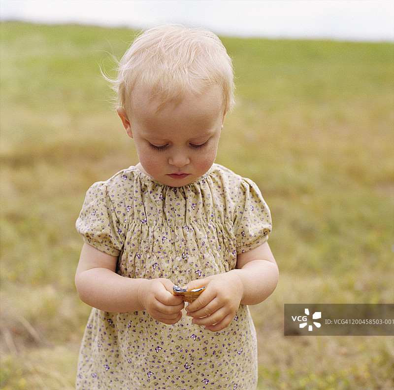 夏季，女童（15-18个月）在田野里拿着包装纸图片素材