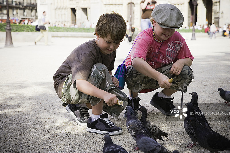 法国巴黎，巴黎圣母院，两个兄弟（7-10岁）喂鸽子图片素材