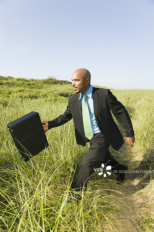 穿过田野，提着公文包的商人图片素材